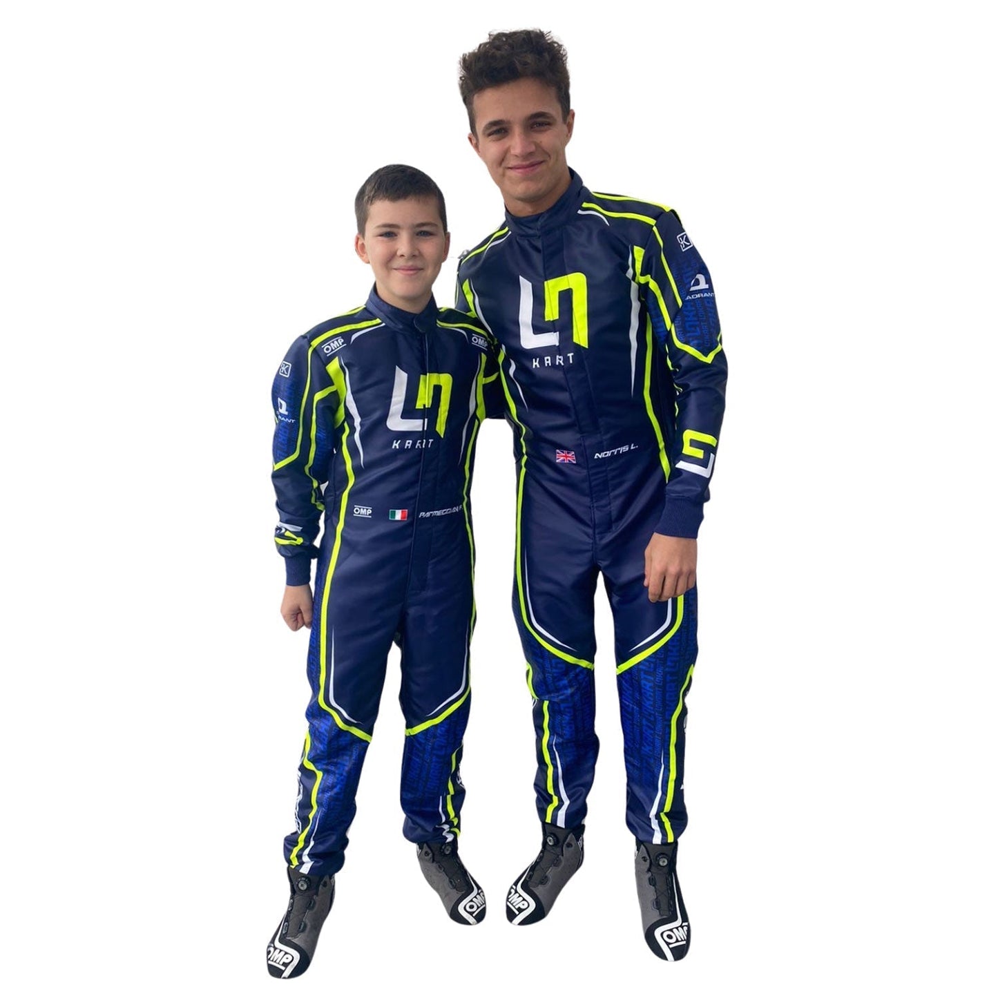 lando and kid wearing matching blue racing suits with yellow accents on a white background