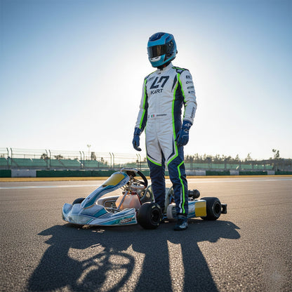 Driver in 2022 OMP Overall LN Kart Racing Suit and helmet standing next to a go-kart on a track