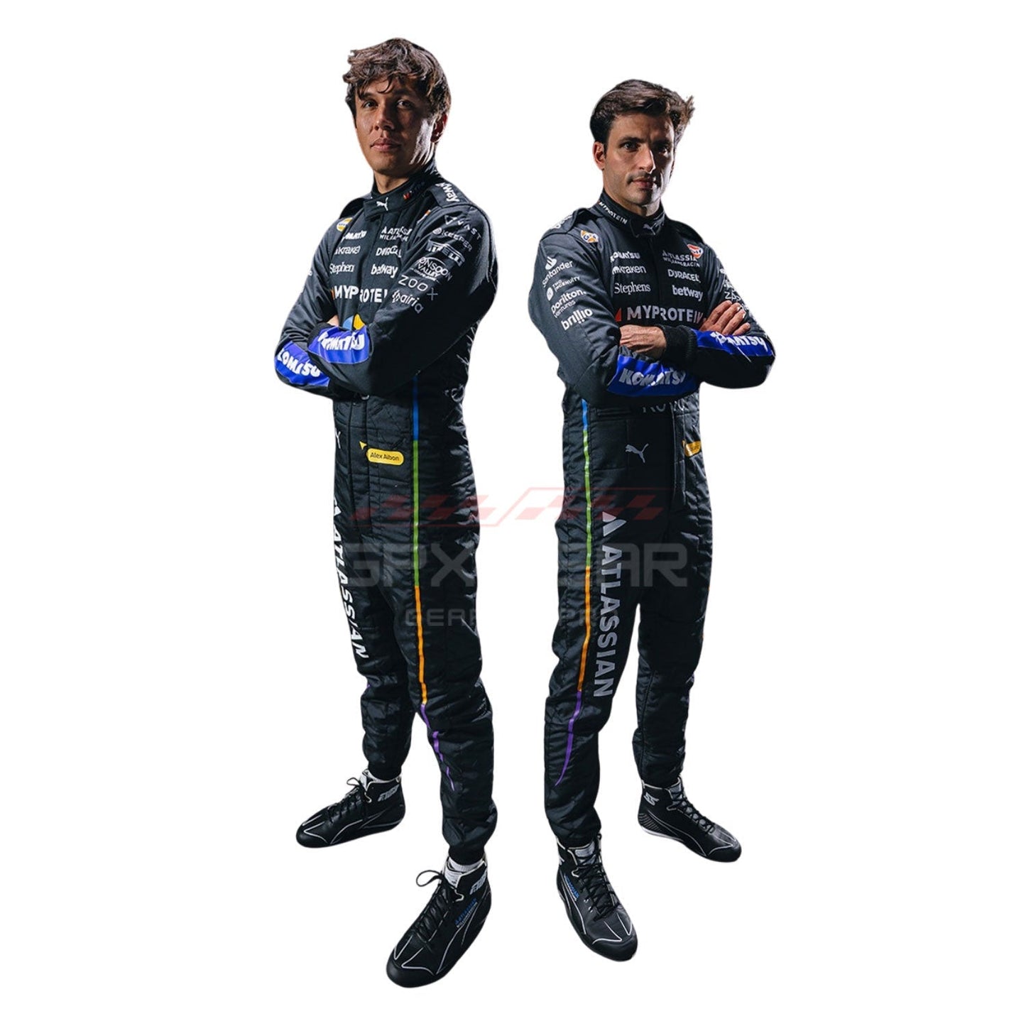 Two individuals, Alexander Albon and Carlos Sainz, wearing black 2025 Williams Las Vegas GP racing suits with sponsor logos - GPX WEAR