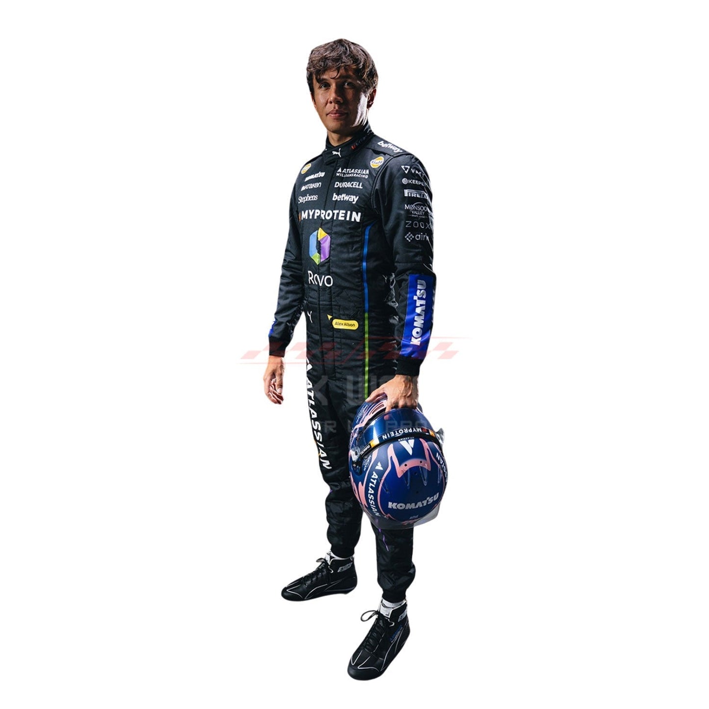 Alexander Albon wearing a black 2025 Williams Las Vegas GP F1 racing suit, holding a helmet - GPX WEAR