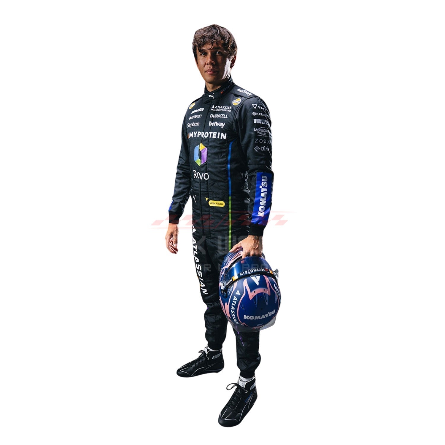 Alexander Albon wearing a black 2025 Williams Las Vegas GP F1 racing suit, holding a helmet - GPX WEAR