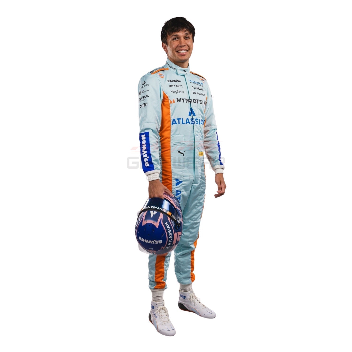 Alexander Albon wearing a light blue 2025 Williams Sao Paul GP F1 racing suit with various sponsor logos - GPX WEAR