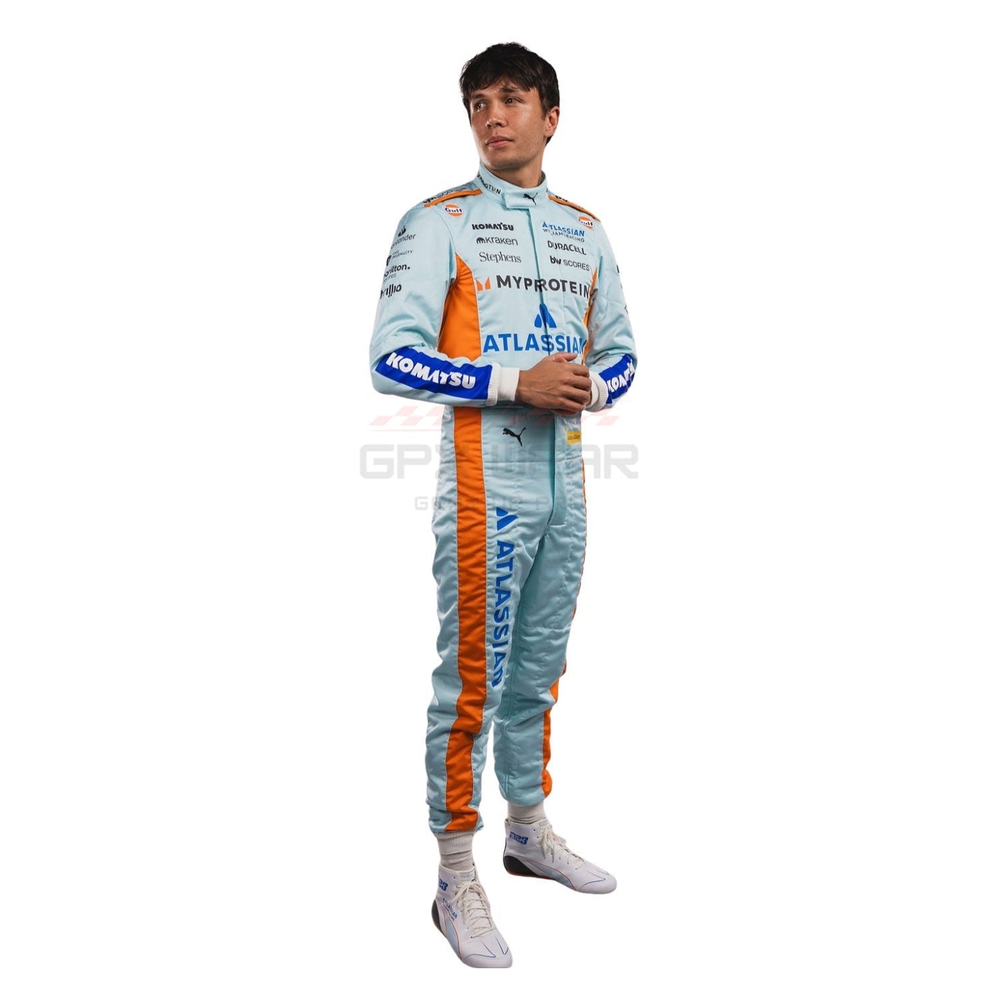 Alexander Albon wearing a light blue 2025 Williams Sao Paul GP F1 racing suit with orange accents - GPX WEAR