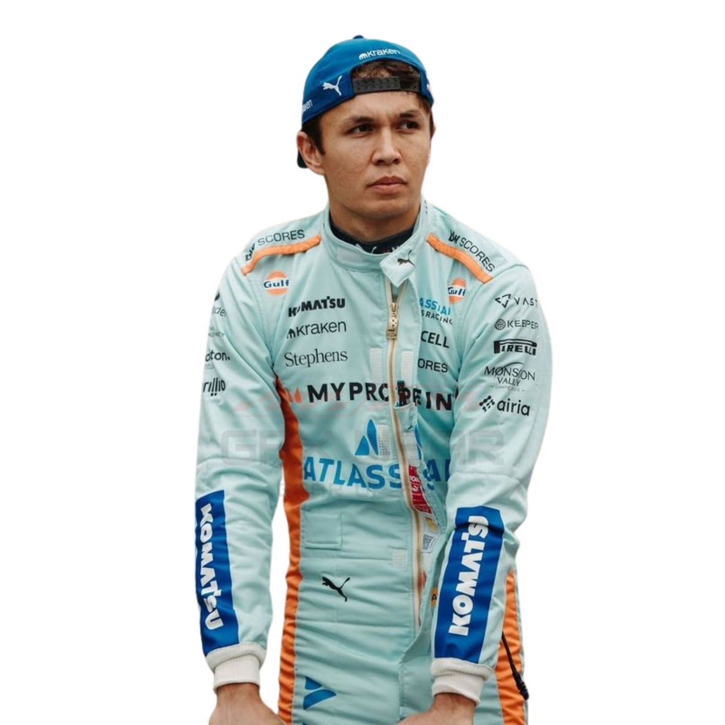 Alexander Albon wearing a light blue 2025 Williams Sao Paul GP F1 racing suit with various sponsor logos - GPX WEAR