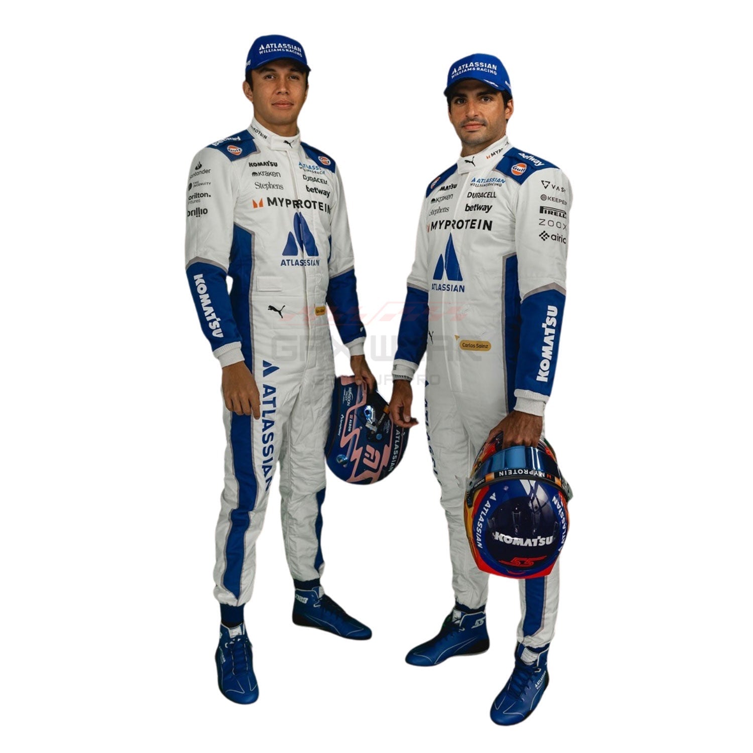 Two individuals, Alexander Albon and Carlos Sainz, in 2025 Williams United States GP F1 racing suits with visible branding - GPX WEAR