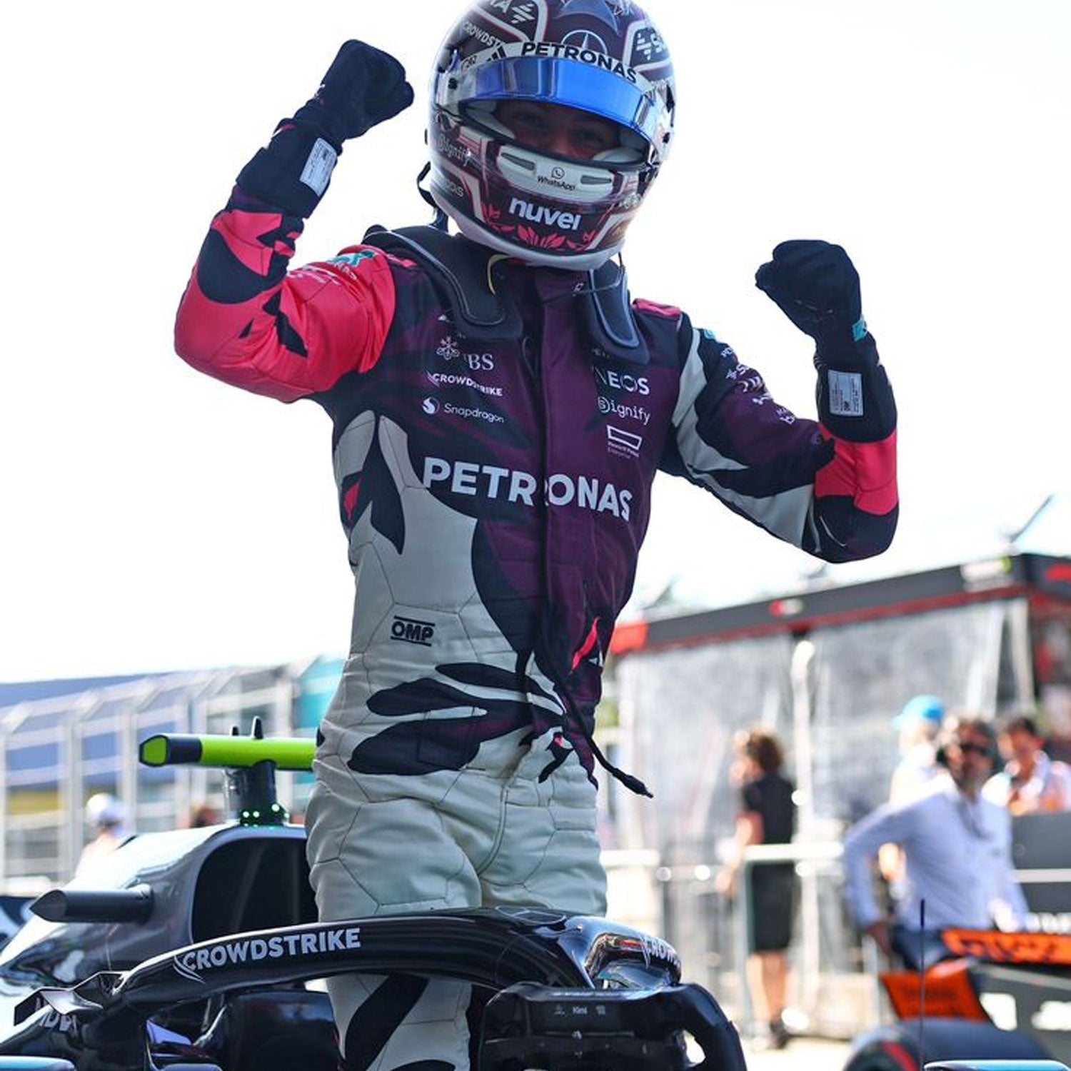 2025 Andrea Kimi Antonelli celebrating on a race track.