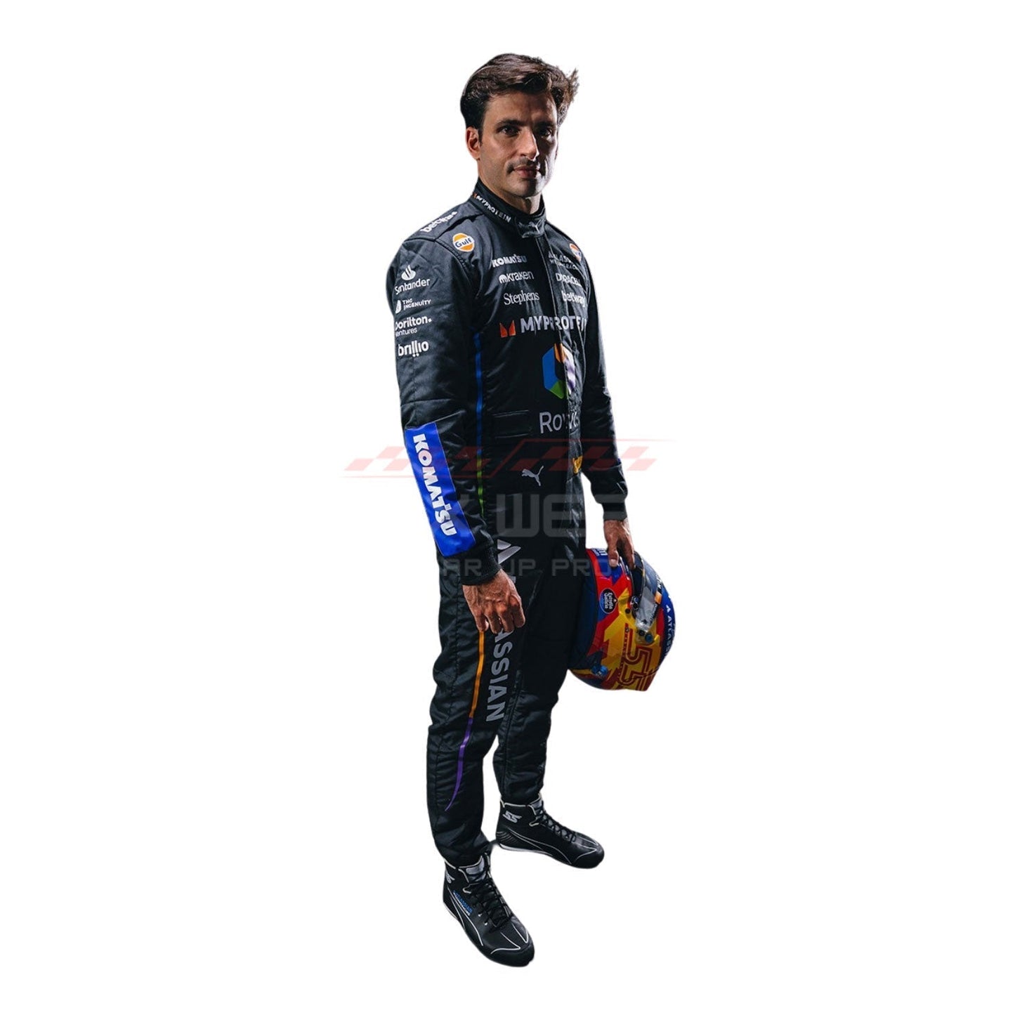 Carlos Saniz wearing a black 2025 Williams Las Vegas GP F1 racing suit, holding a helmet - GPX WEAR
