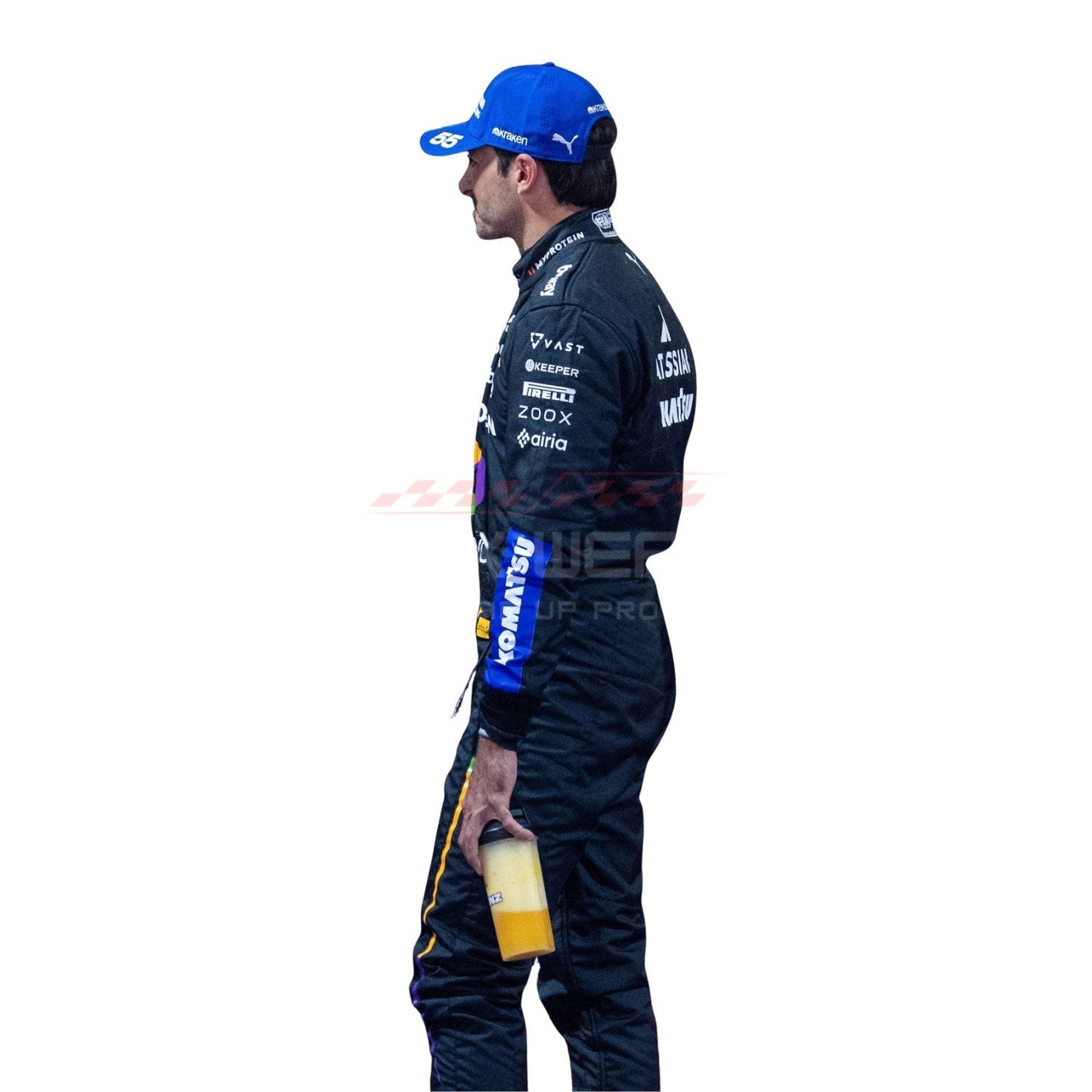 Carlos Saniz wearing a black 2025 Williams Las Vegas GP F1 racing suit with various sponsor logos - GPX WEAR