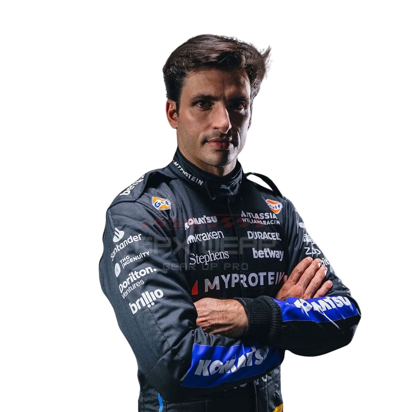 Carlos Saniz wearing a dark 2025 Williams Las Vegas GP F1 racing suit with various sponsor logos - GPX WEAR