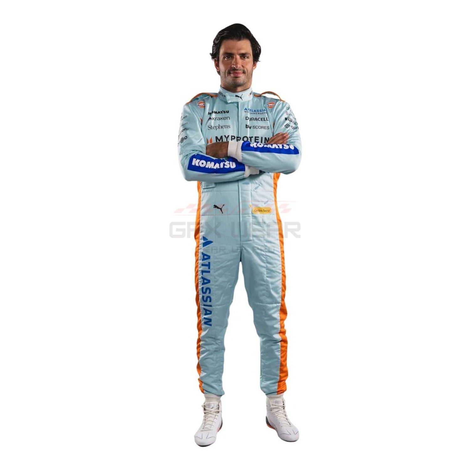 Carlos Sainz wearing a light blue 2025 Williams Sao Paul GP F1 racing suit - GPX WEAR