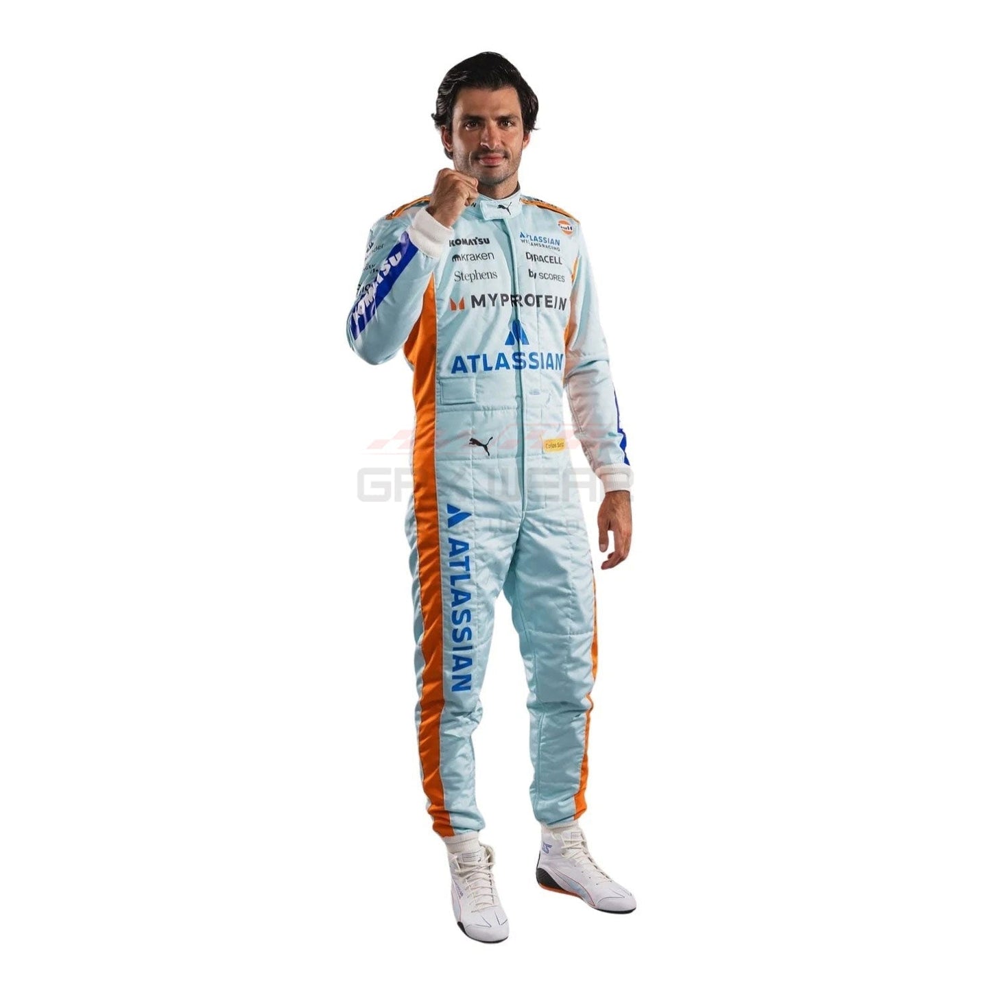 Carlos Sainz wearing a light blue 2025 Williams Sao Paul GP F1 racing suit - GPX WEAR