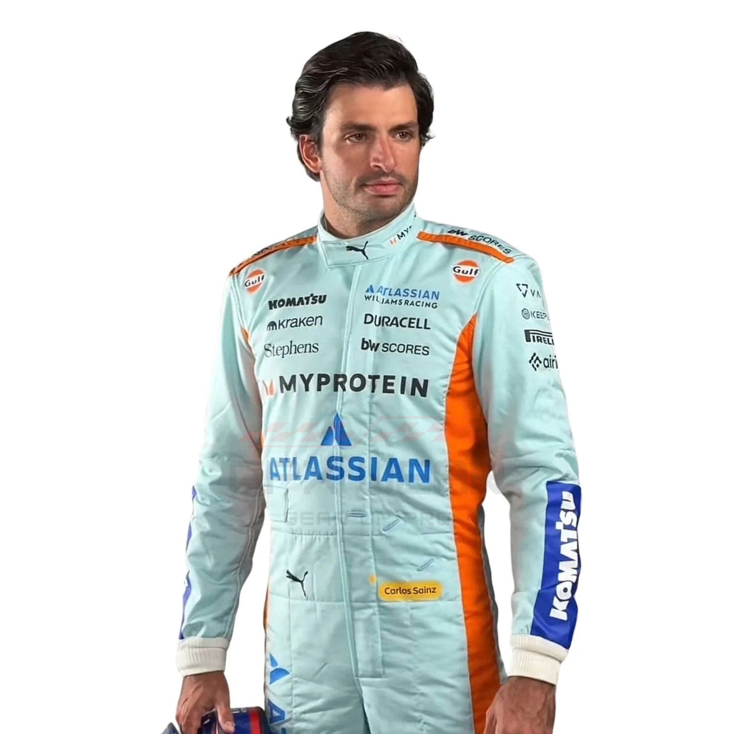 Carlos Sainz wearing a light blue 2025 Williams Sao Paul GP F1 racing suit - GPX WEAR