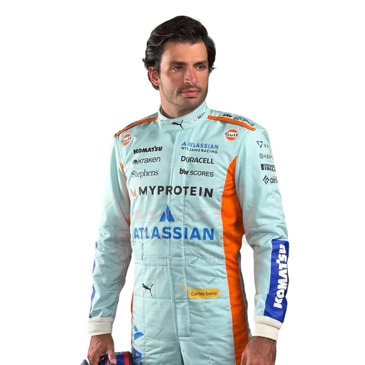 Carlos Sainz wearing a light blue 2025 Williams Sao Paul GP F1 racing suit - GPX WEAR