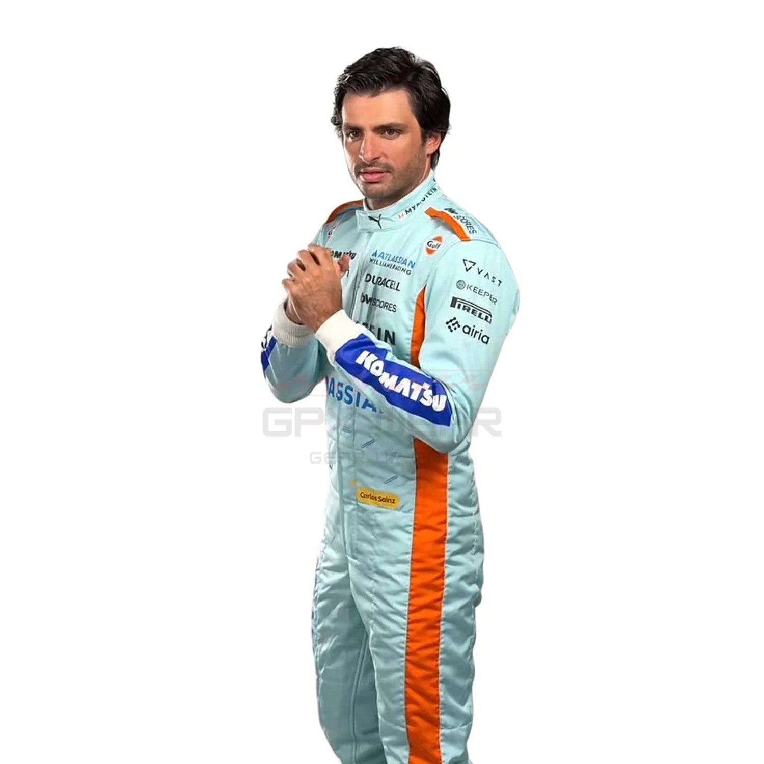 Carlos Sainz wearing a light blue 2025 Williams Sao Paul GP F1 racing suit with orange accents - GPX WEAR