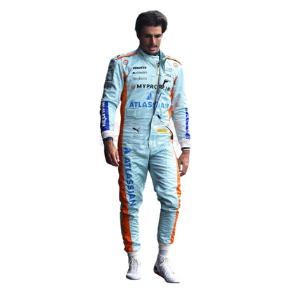 Carlos Sainz wearing a light blue 2025 Williams Sao Paul GP F1 racing suit - GPX WEAR