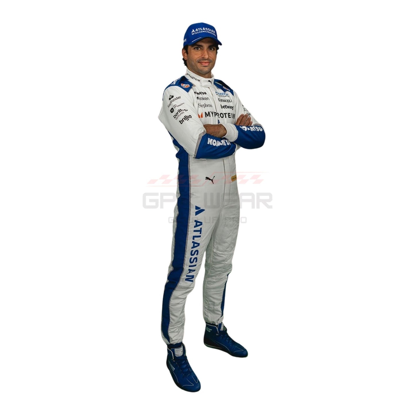 Carlos Sainz wearing a white 2025 Williams United States GP F1 racing suit - GPX WEAR