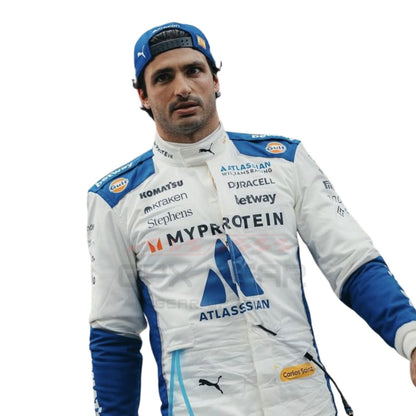 Carlos Sainz wearing a white 2025 Williams United States GP F1 racing suit - GPX WEAR