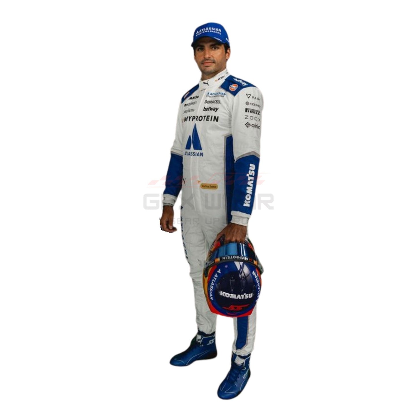 Carlos Sainz wearing a white 2025 Williams United States GP F1 racing suit - GPX WEAR