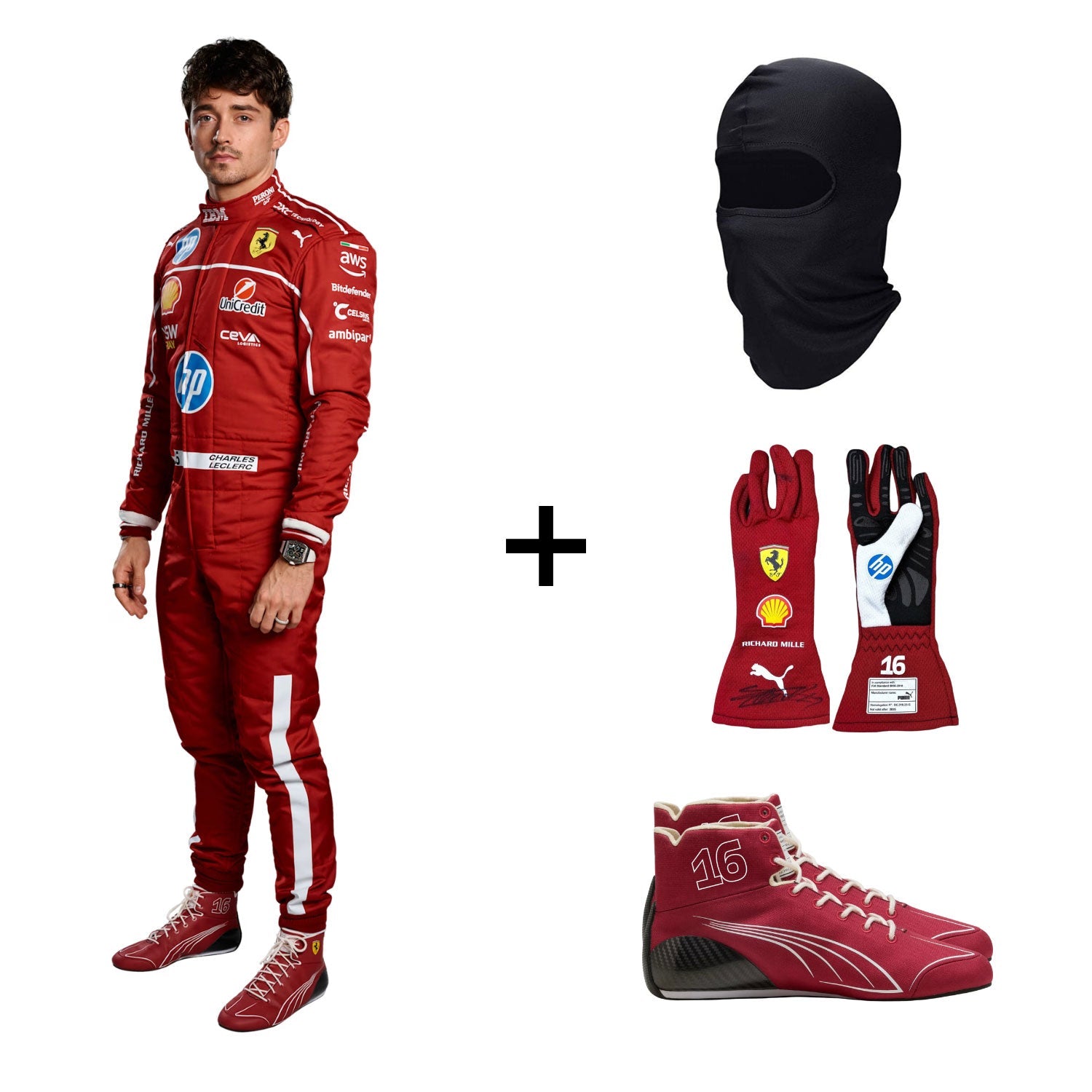 Red 2025 Charles Leclerc Ferrari F1 racing suit with matching Balaclava, gloves, and boots  - GPX WEAR