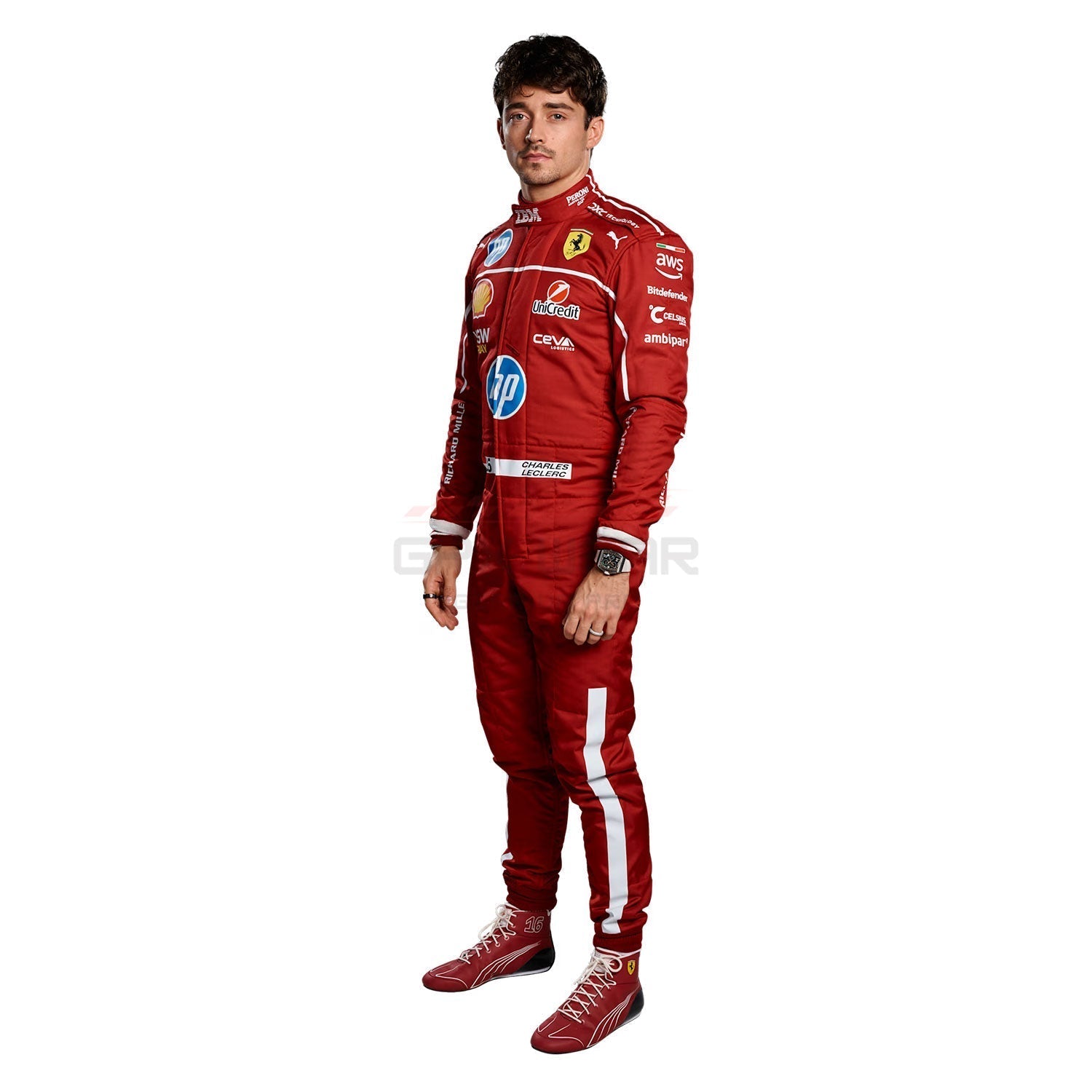 Charles Leclerc wearing a red 2025 Ferrari F1 racing suit with various sponsor logos - GPX WEAR