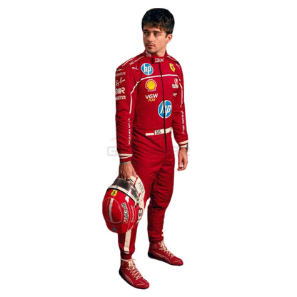 Charles Leclerc wearing a red 2025 Ferrari F1 racing suit with various sponsor logos, holding a helmet - GPX WEAR