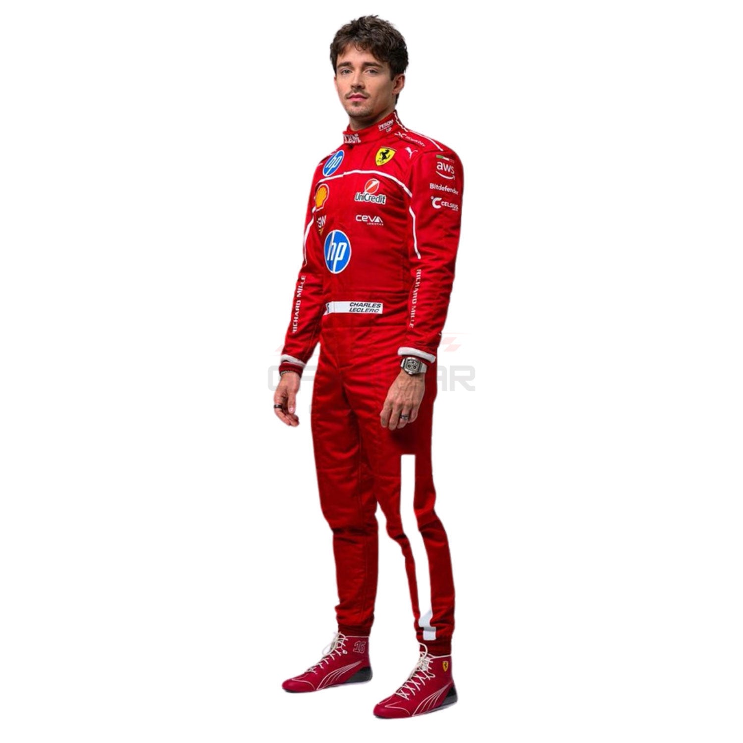 Charles Leclerc wearing a red 2025 Ferrari F1 racing suit with various sponsor logos - GPX WEAR