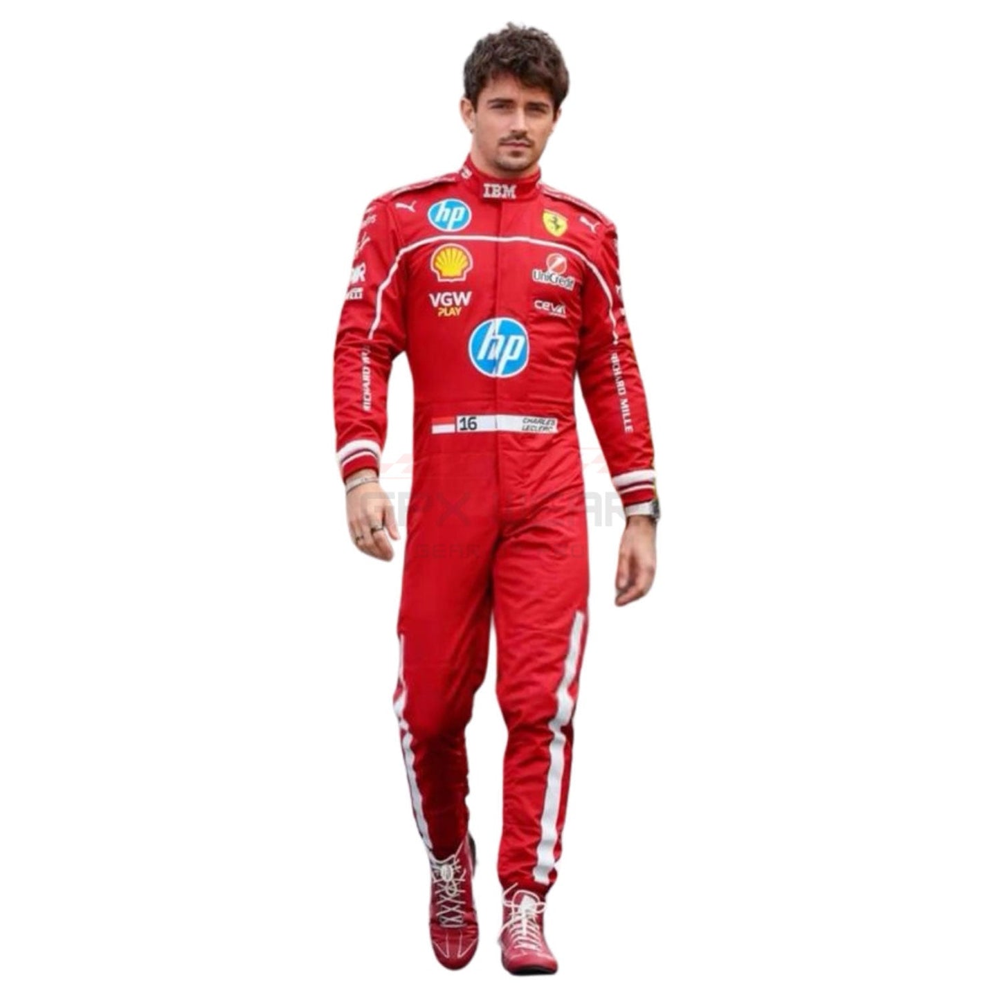 Charles Leclerc wearing a red 2025 Ferrari F1 racing suit with various sponsor logos - GPX WEAR