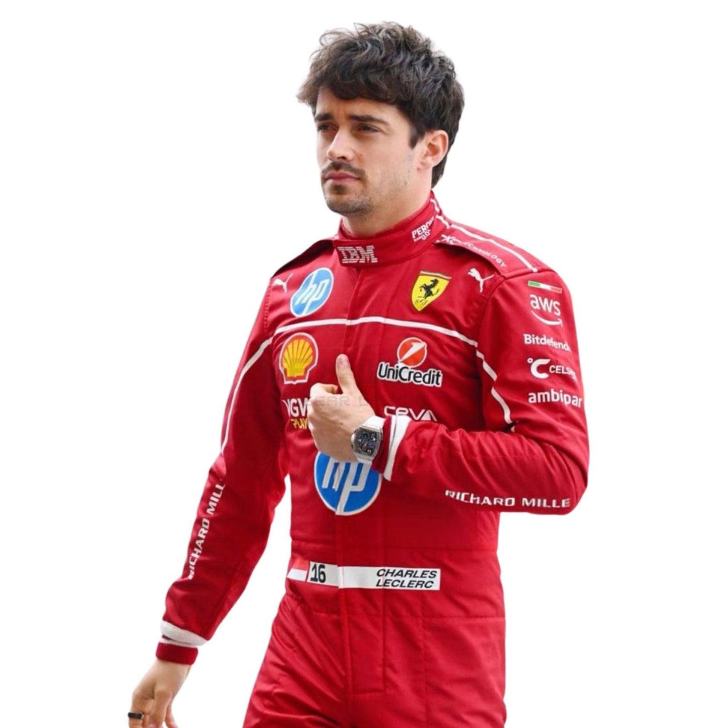 Charles Leclerc wearing a red 2025 Ferrari F1 racing suit with various sponsor logos - GPX WEAR