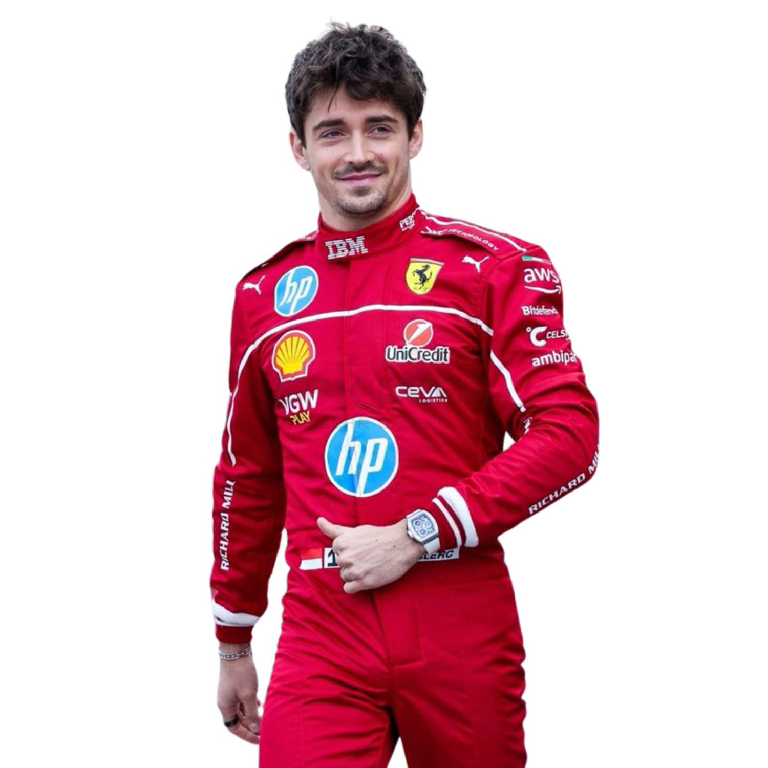 Charles Leclerc wearing a red 2025 Ferrari F1 racing suit with various sponsor logos - GPX WEAR
