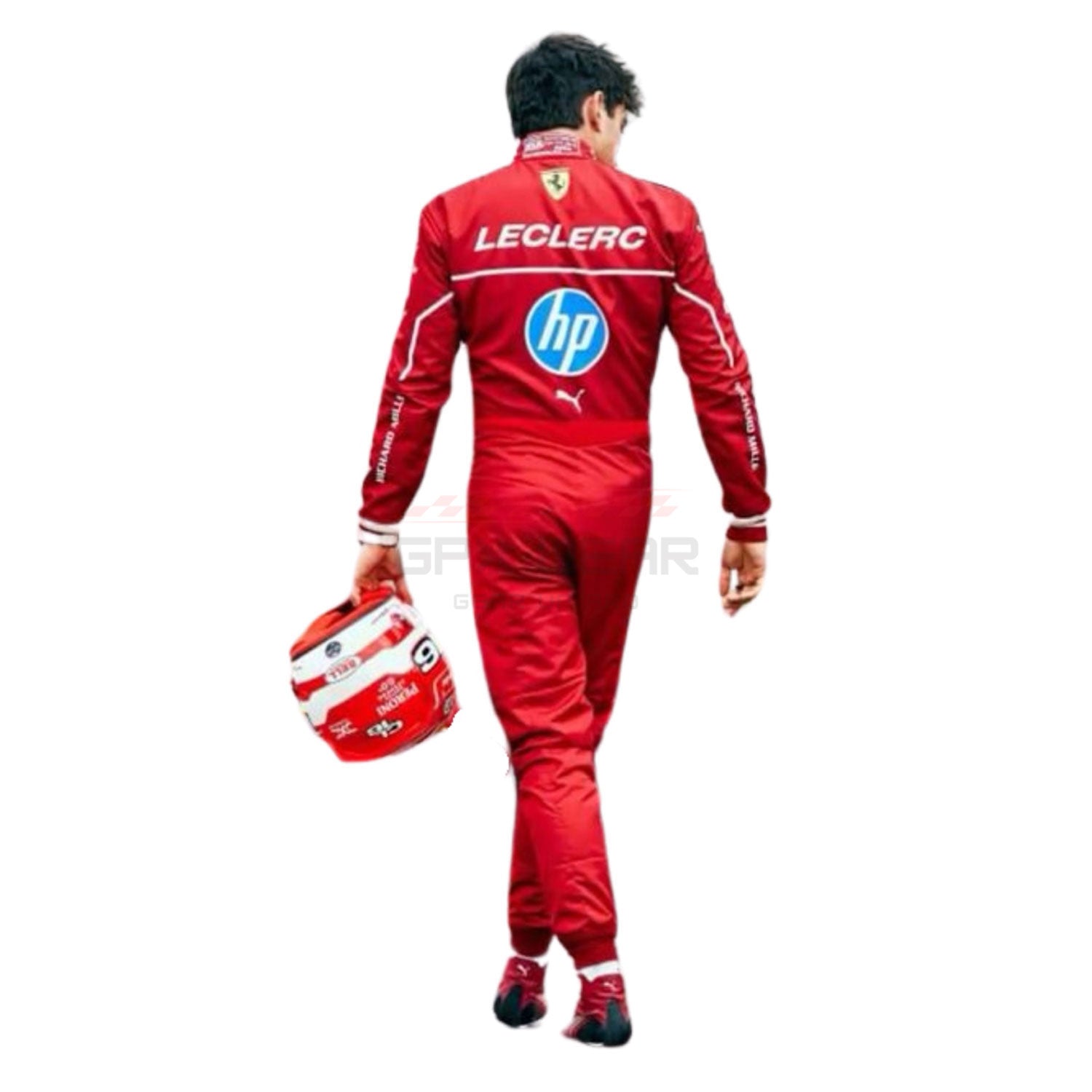 Charles Leclerc wearing a red 2025 Ferrari F1 racing suit with 'HP' logo and helmet - GPX WEAR