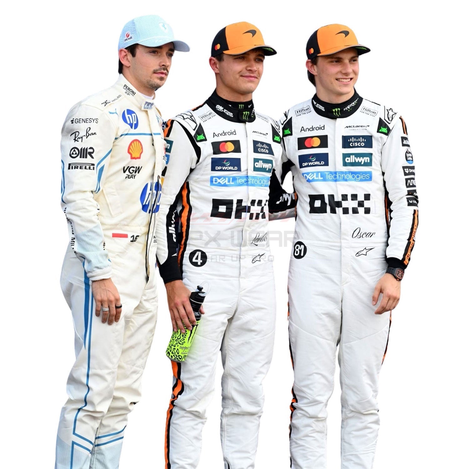 Three Formula 1 drivers in racing suits with various sponsor logos on a white background