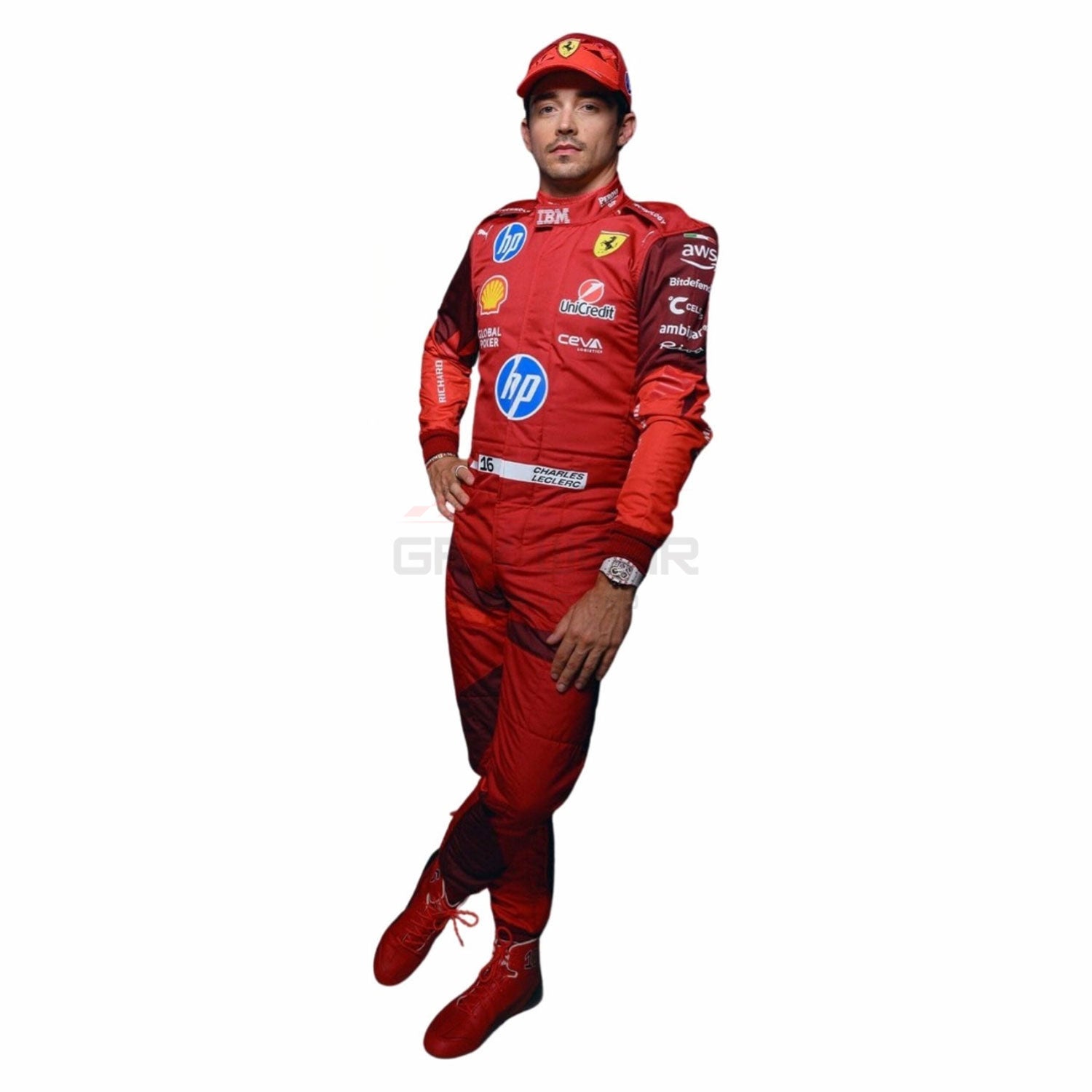 Charles Leclerc wearing a red 2025 Ferrari Las Vegas GP F1 racing suit with various sponsor logos - GPX WEAR