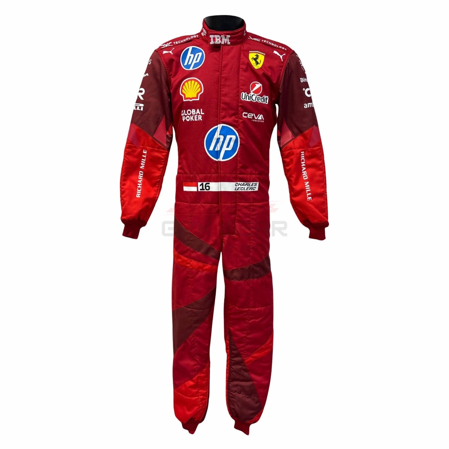 Charles Leclerc red 2025 Ferrari Las Vegas GP F1 racing suit with various sponsor logos - GPX WEAR
