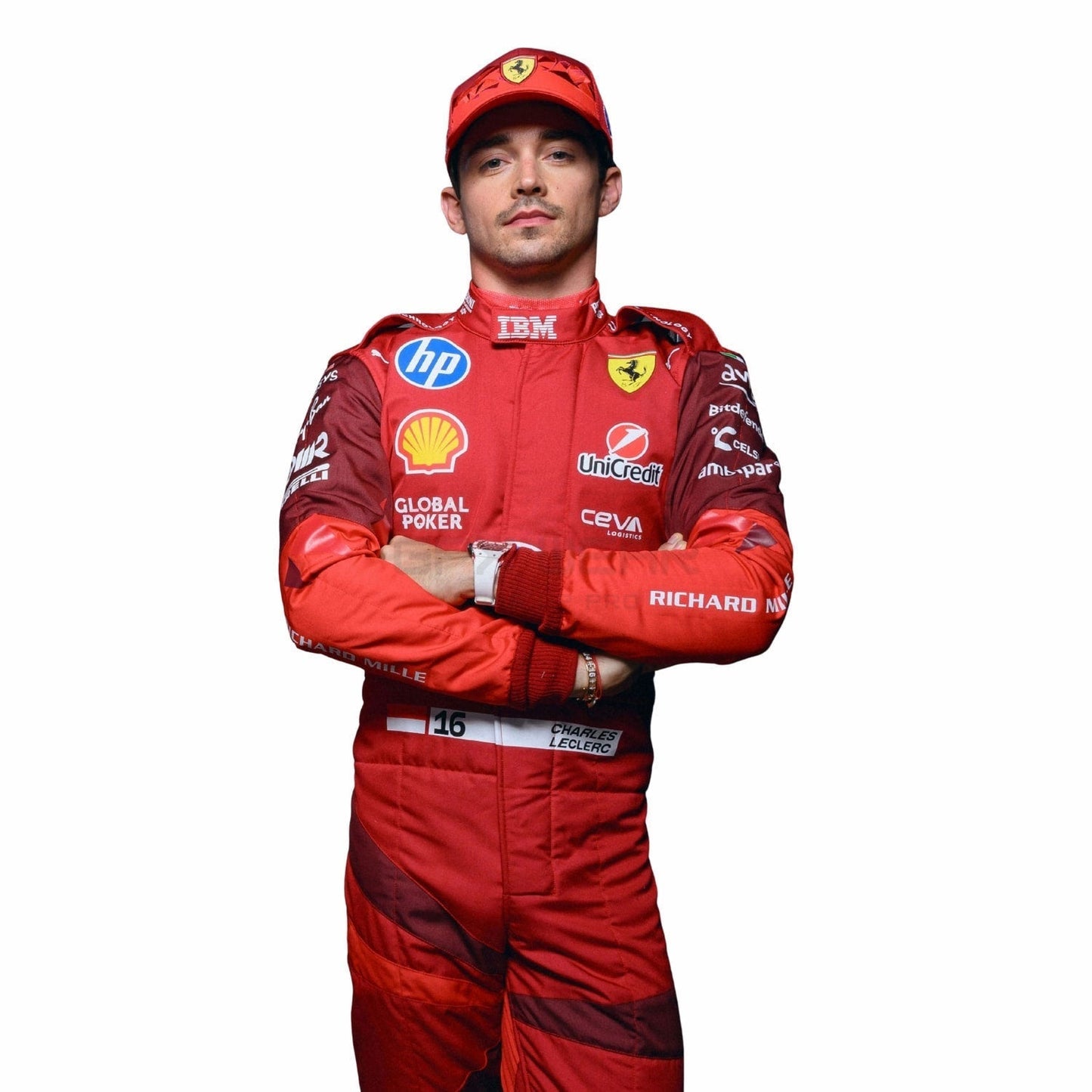 Charles Leclerc wearing a red 2025 Ferrari Las Vegas GP F1 racing suit with various sponsor logos - GPX WEAR