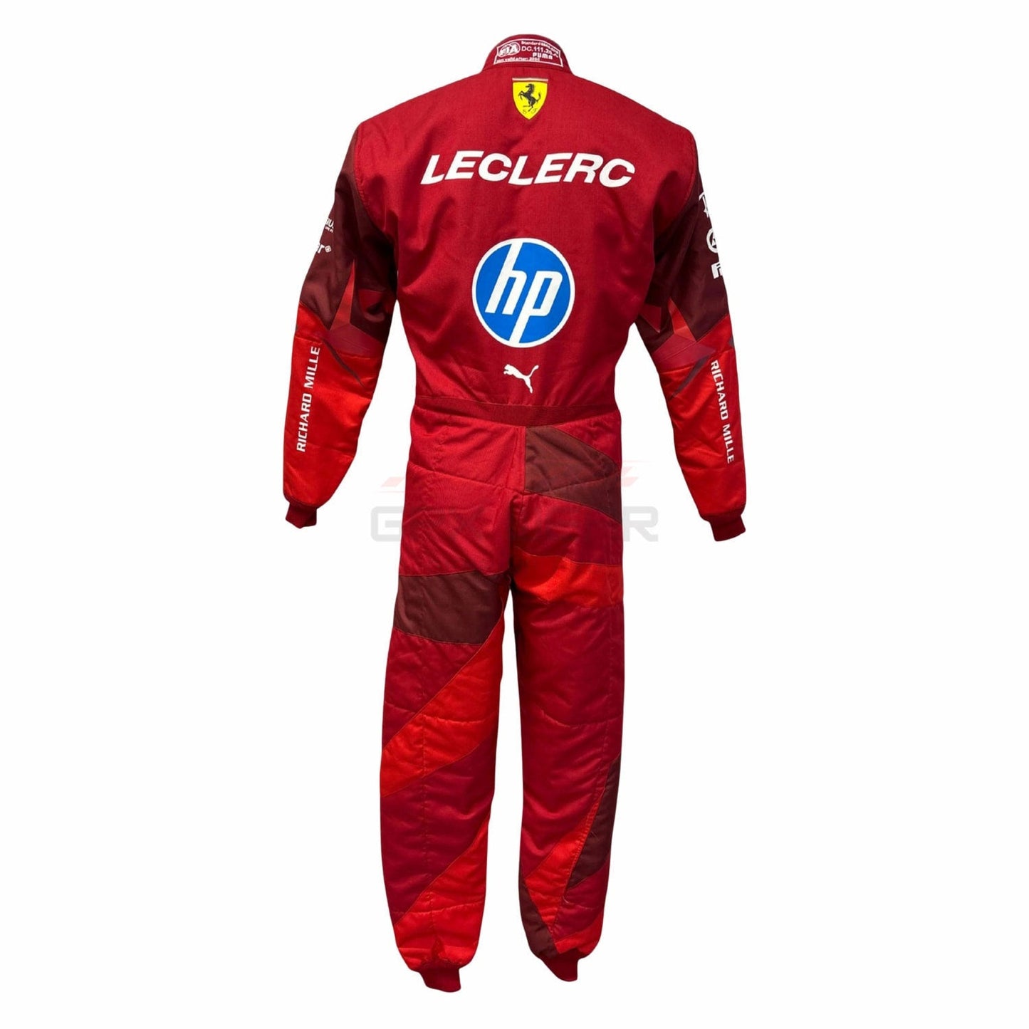 Back View of Red 2025 Charles Leclerc Las Vegas GP F1 racing suit with 'Leclerc' and 'hp' branding - GPX WEAR