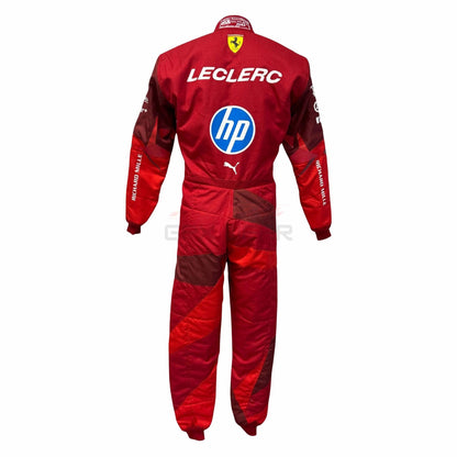 Back View of Red 2025 Charles Leclerc Las Vegas GP F1 racing suit with 'Leclerc' and 'hp' branding - GPX WEAR