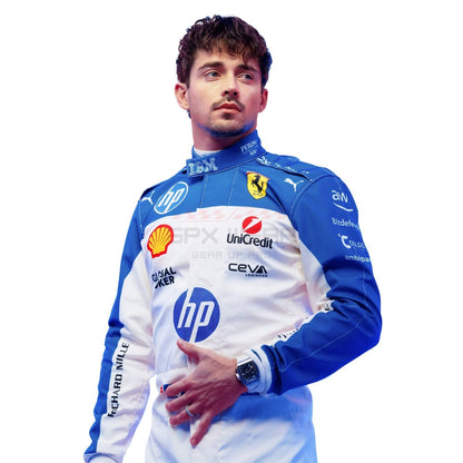 Close Up View of 2025 Charles Leclerc Miami GP F1 Racing Suit 