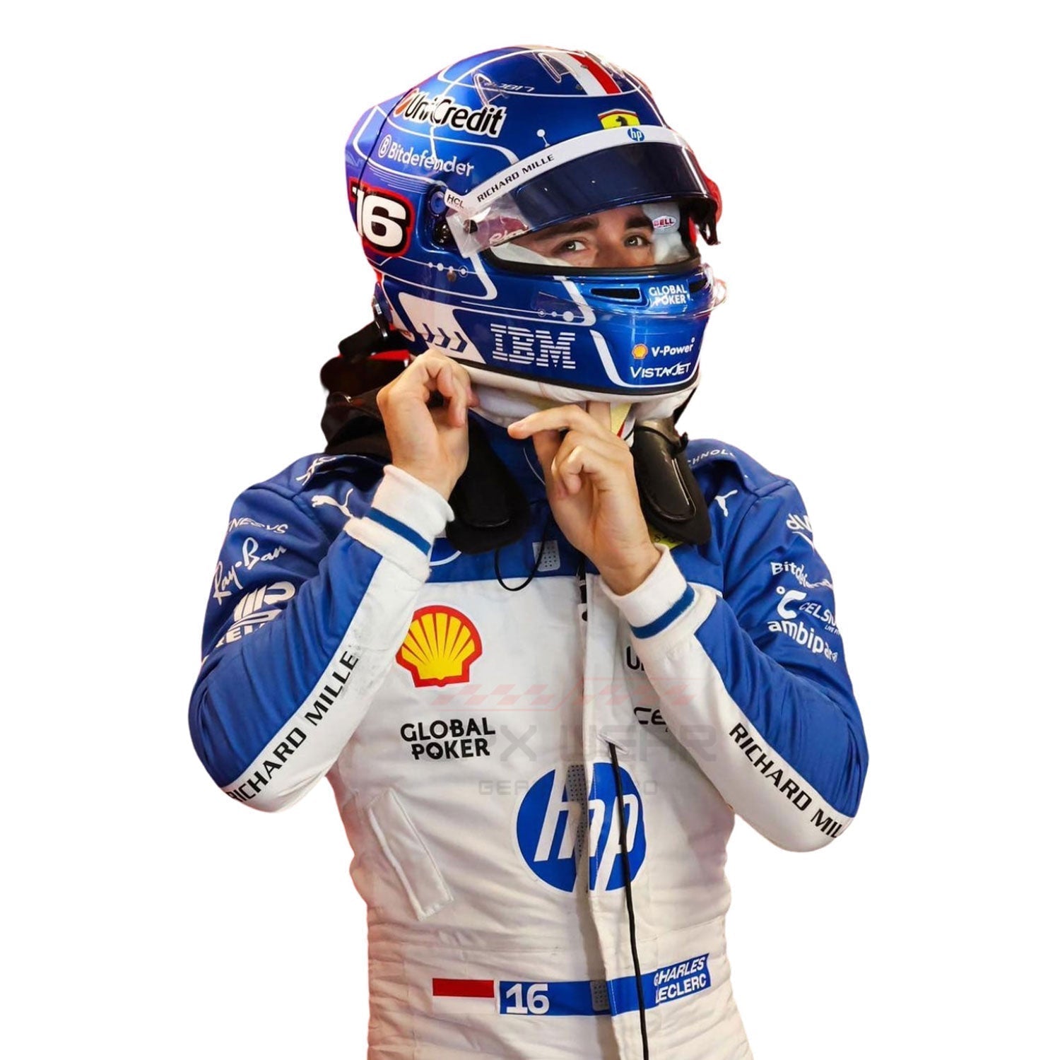 2025 Charles Leclerc Wearing Miami GP F1 Racing Suit Team Ferrari with helmet on a white background