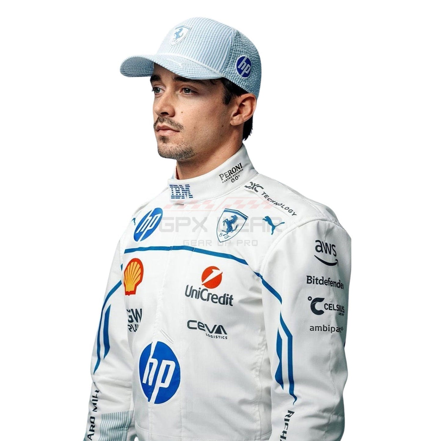 Side Profile of 2025 Charles Leclerc Monaco GP f1 Racing Suit Team Ferrari