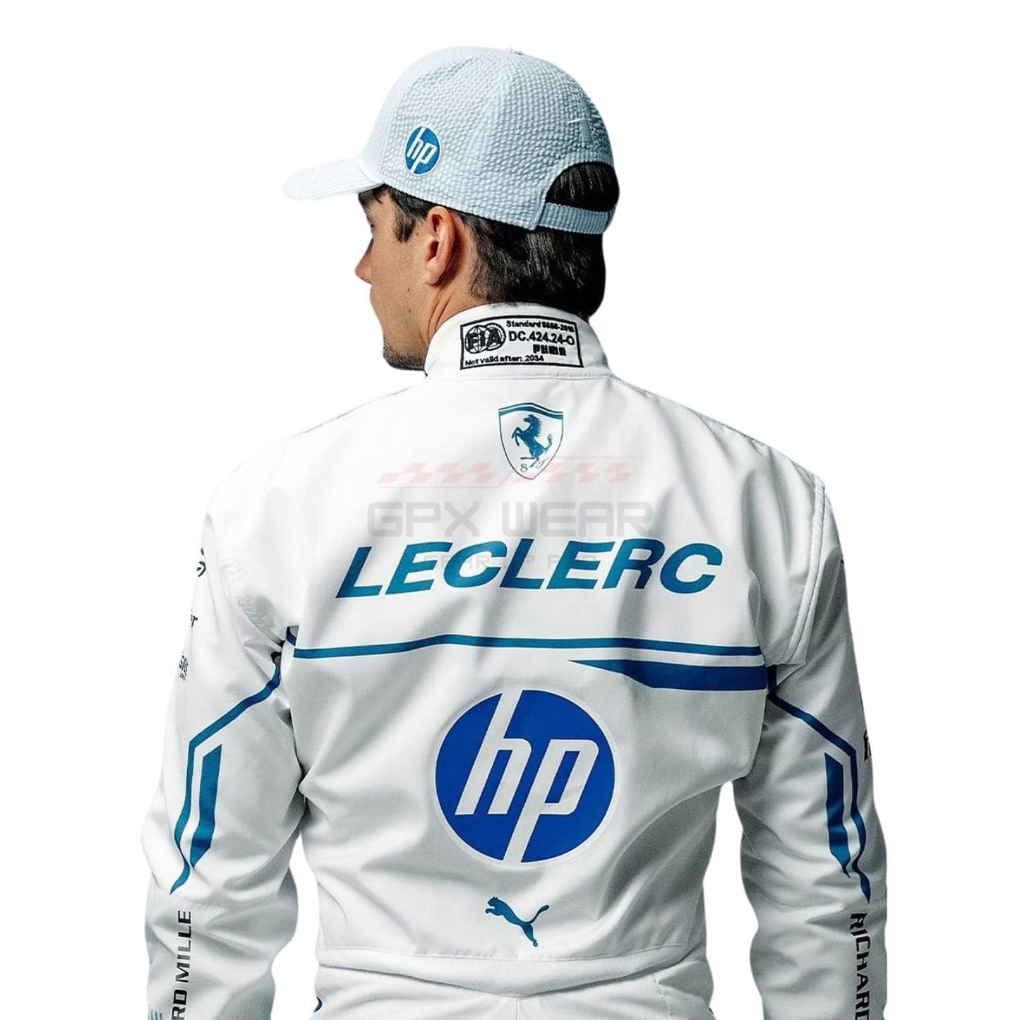 2025 Charles Leclerc Monaco GP f1 Racing Suit with 'LECLERC' and 'hp' logos on a white background