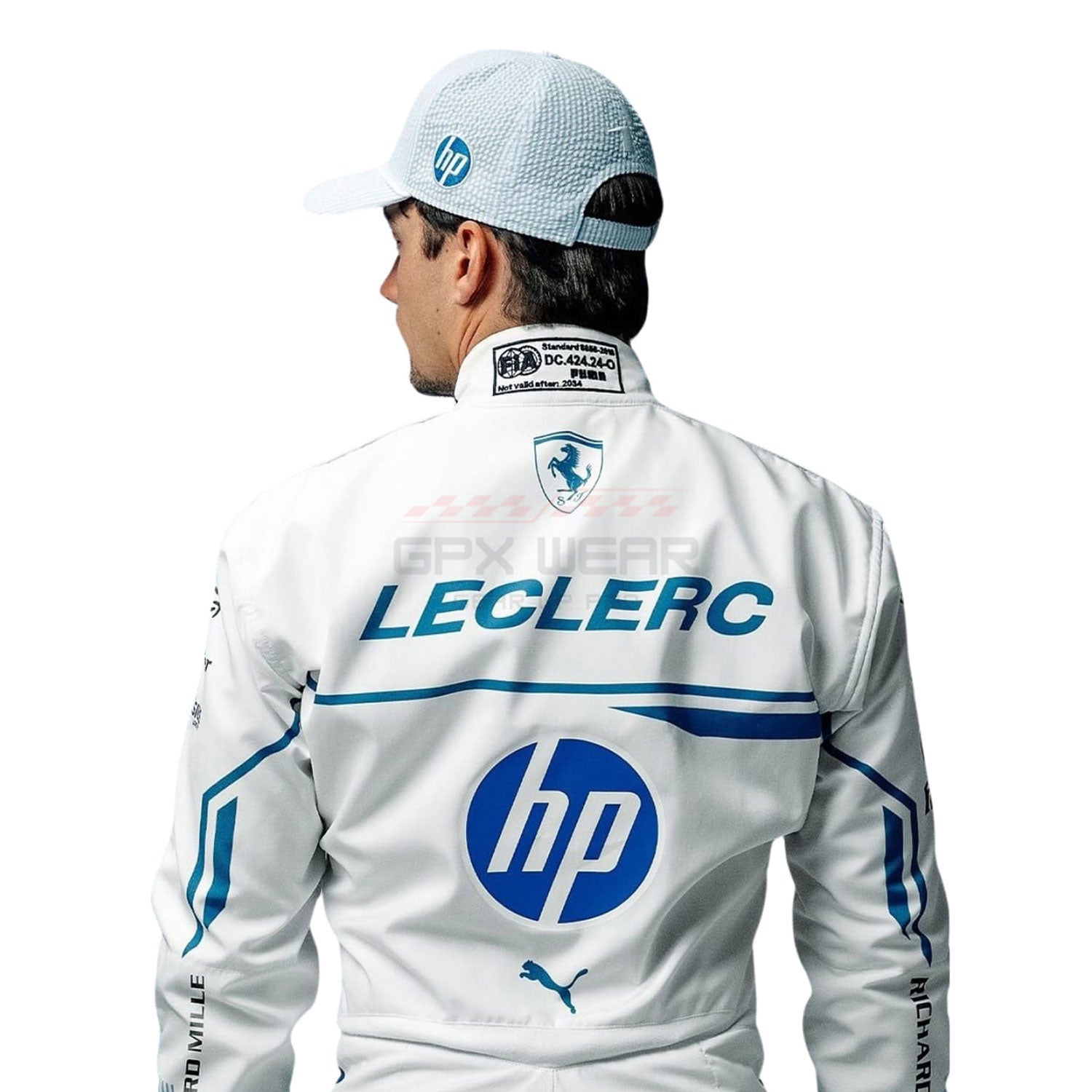2025 Charles Leclerc Monaco GP f1 Racing Suit with 'LECLERC' and 'hp' logos on a white background