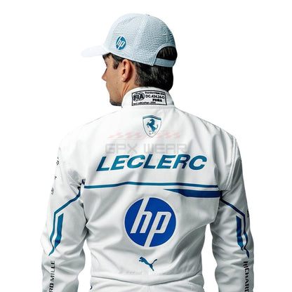 2025 Charles Leclerc Monaco GP f1 Racing Suit with 'LECLERC' and 'hp' logos on a white background