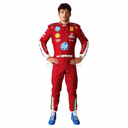 Charles Leclerc wearing a red 2025 Ferrari Monza GP F1 racing suit with various sponsor logos - GPX WEAR
