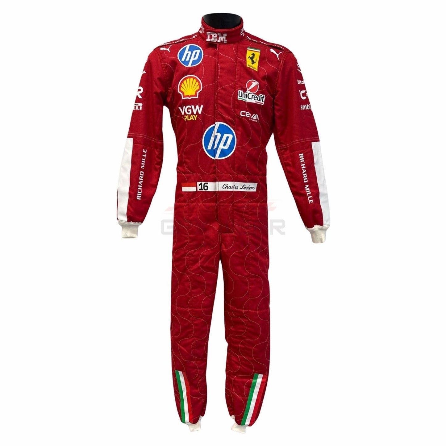 Front view of Charles Leclerc 2025 Ferrari Red racing suit with various sponsor logos - GPX WEAR