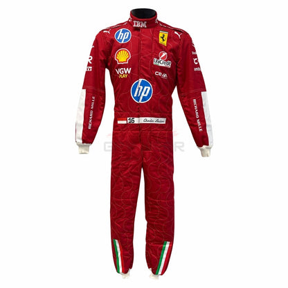 Front view of Charles Leclerc 2025 Ferrari Red racing suit with various sponsor logos - GPX WEAR
