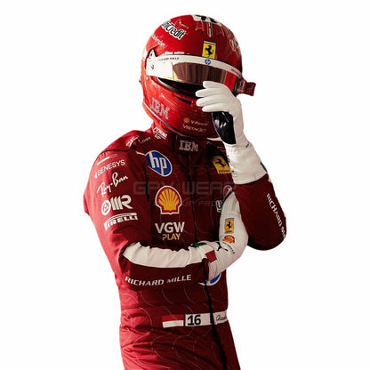 Formula 1 driver Charles Leclerc wearing a red 2025 Ferrari Monza GP F1 racing suit with various sponsor logos - GPX WEAR