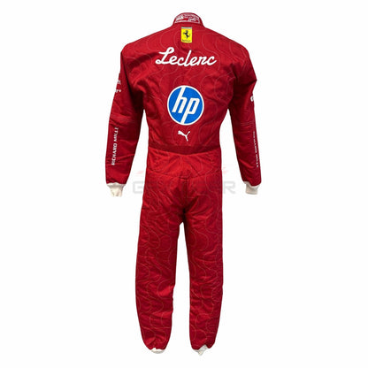 Back view of Charles Leclerc's 2025 Ferrari Monza GP Red racing suit with branding - GPX WEAR