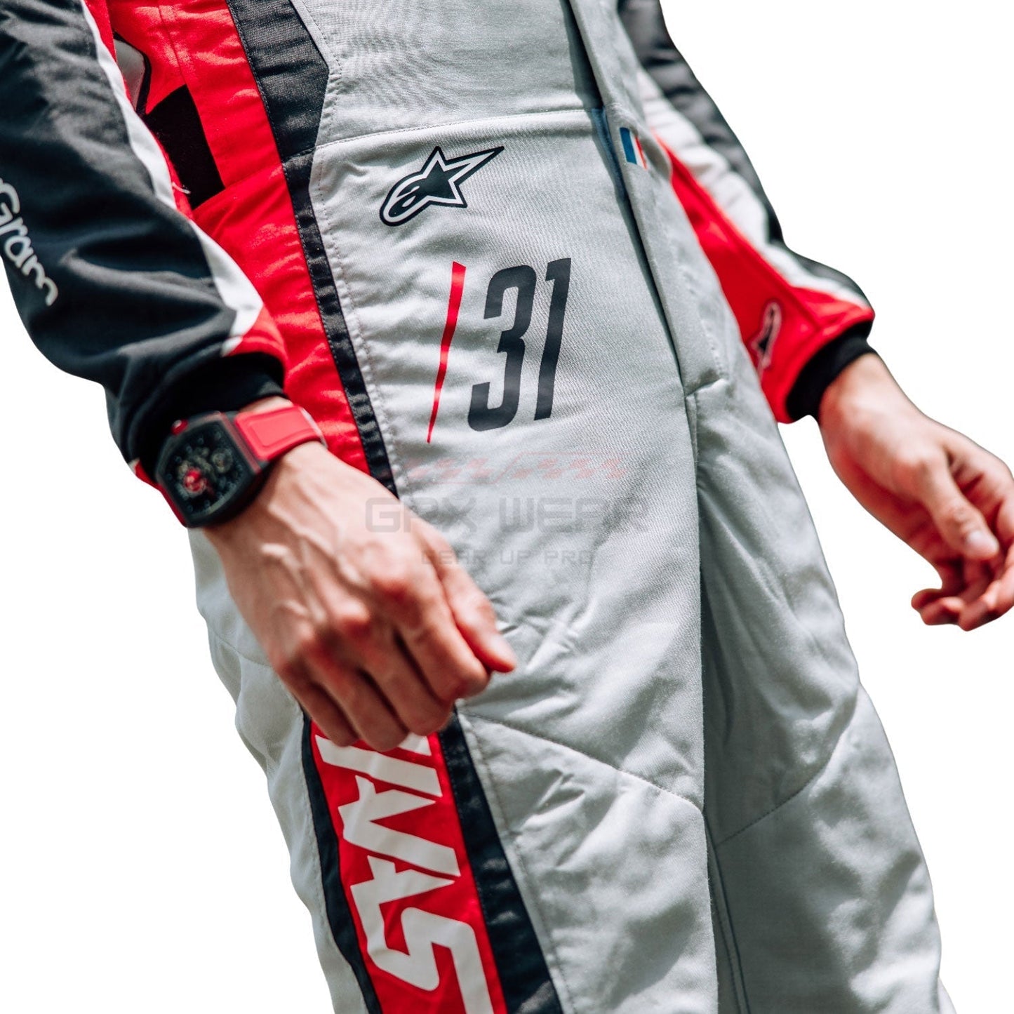 2025 Esteban Ocon 200th race look Canadian GP F1 Racing Suit accents featuring the number 31 on a white background