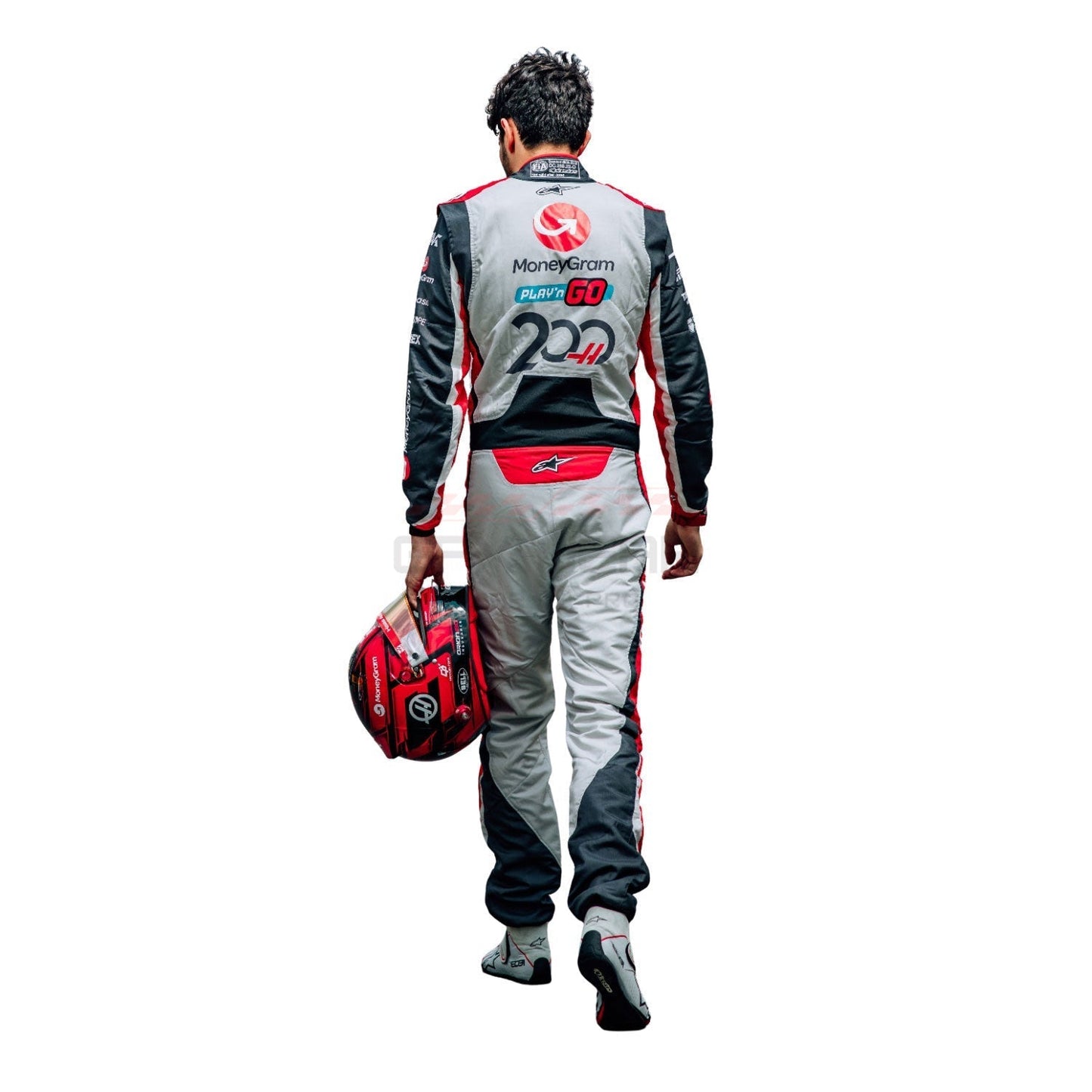 Back View of 2025 Esteban Ocon 200th race look Canadian GP F1 Racing Suit Team Haas