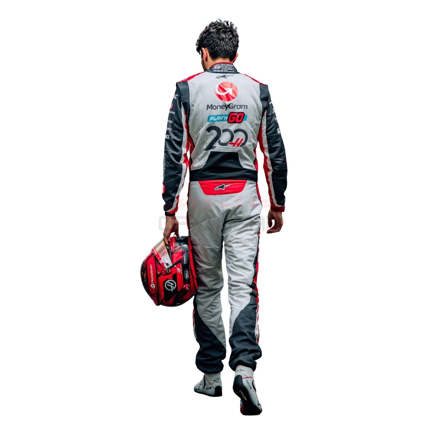 Back View of 2025 Esteban Ocon 200th race look Canadian GP F1 Racing Suit Team Haas